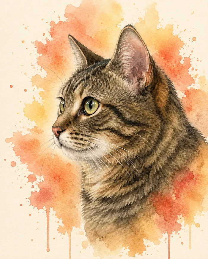 A watercolour portrait of a tabby cat, of the kind Paintredo breaks down into steps